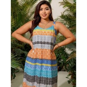 eShakti Womens 24W Geometric Striped Fit & Flare Midi Dress Blue Orange Smocked